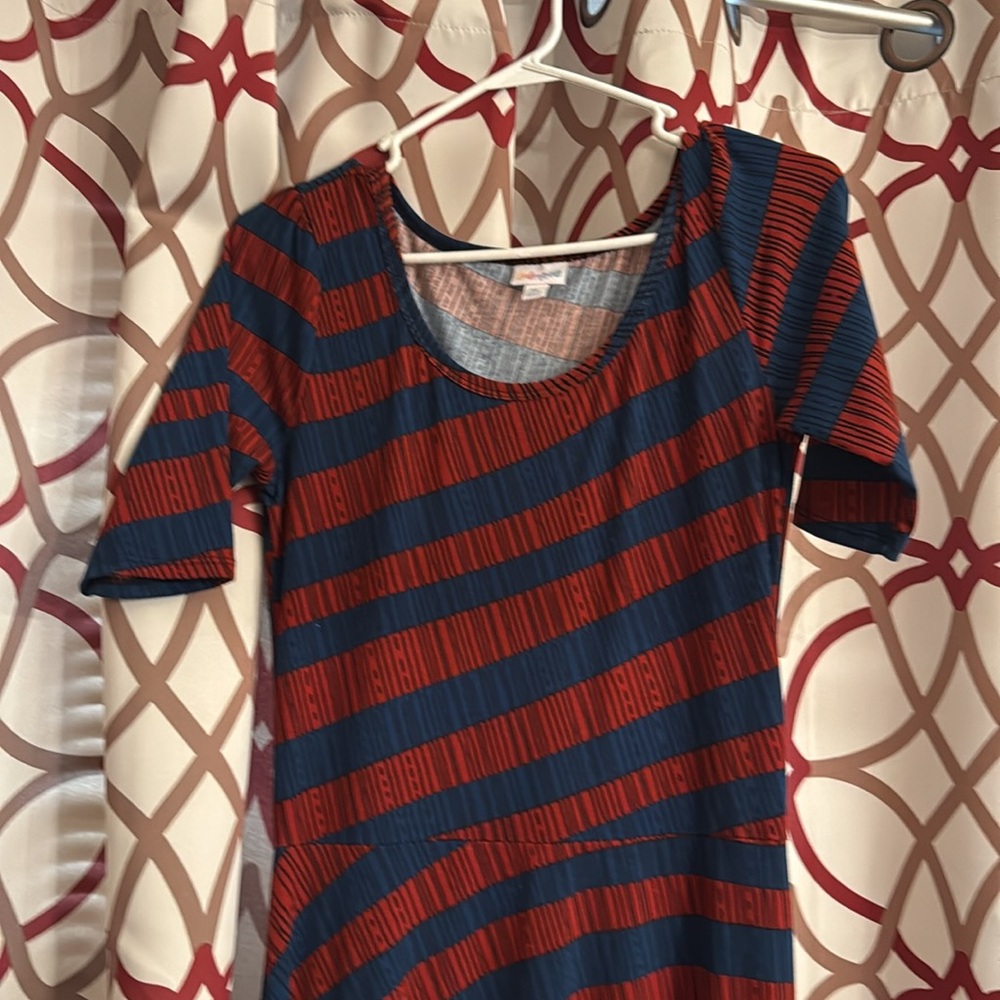 LuLaRoe Striped Maxi Dress in Navy and Rust Red